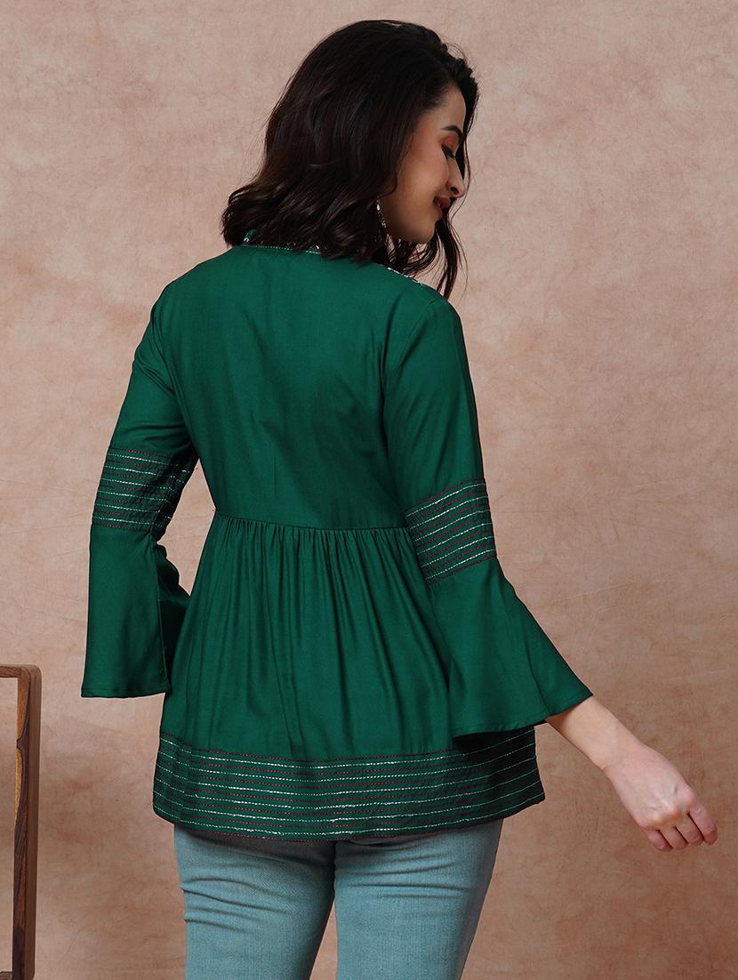 globus women green embroidered & accordion pleats yoke mandarin collar bell sleeves a-line tunic - 21034525 - Standard Image - 2