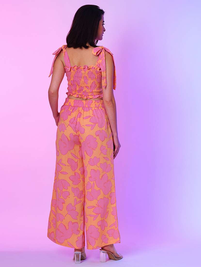 globus women multi orange allover floral print square neck shoulder tie-up smocked crop top & flared hem palazzos co-ord set - 21034527 -  Standard Image - 2