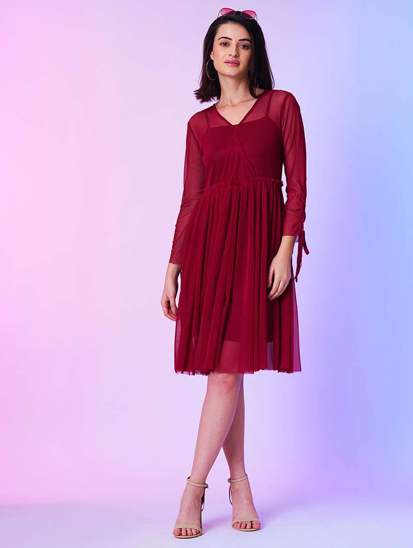 maroon net fit & flare dress