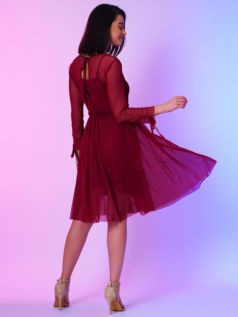 maroon net fit & flare dress - 21034549 - Standard Image - 2