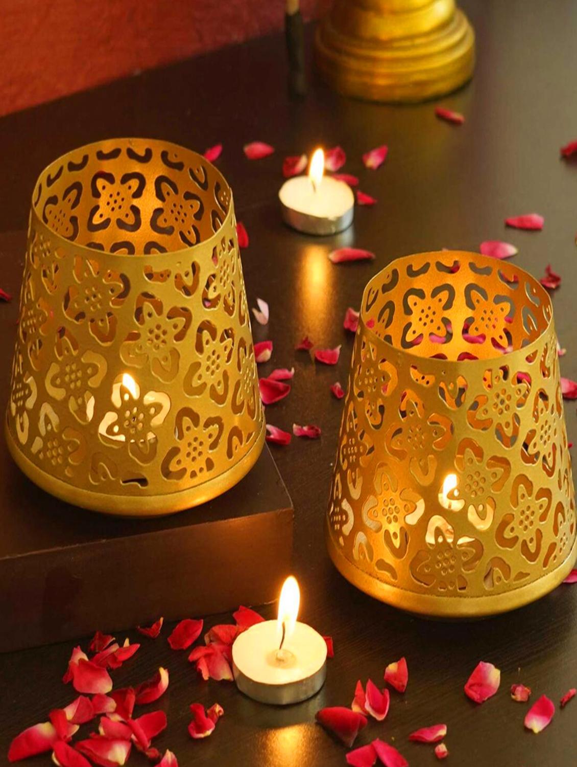 homssy handcrafted metal falter votive goden tea light candle holder pack of 2, 1 wax tea light candle free