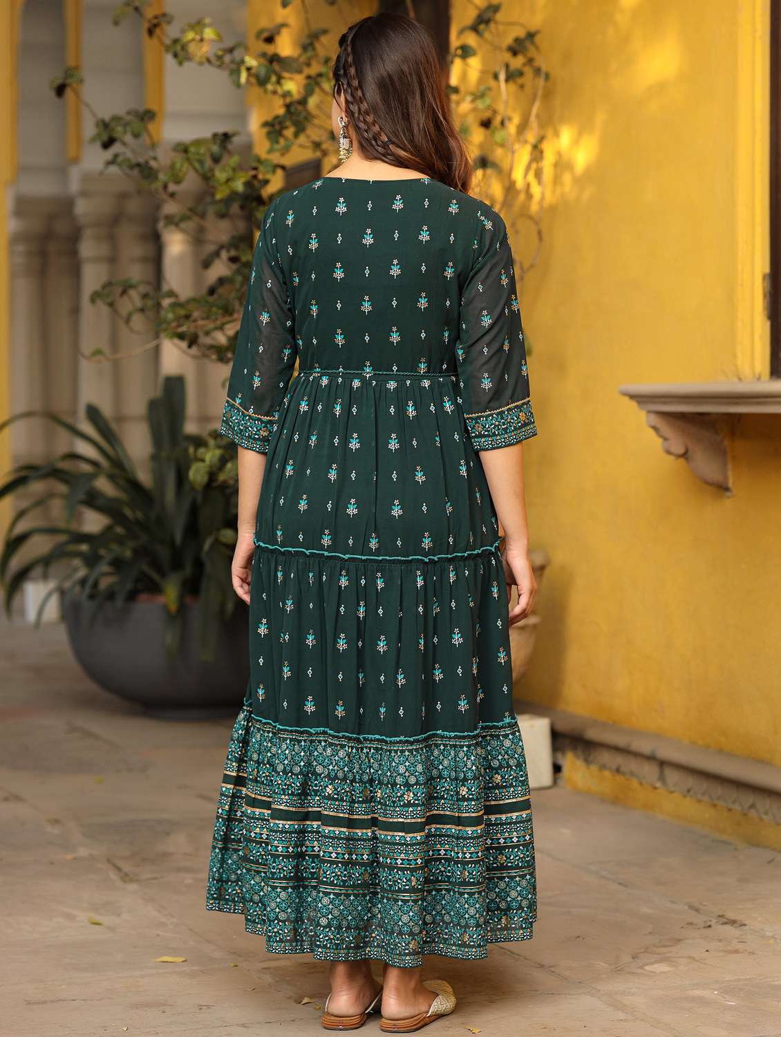 bottle green printed tiered ethnic dress - 21034894 -  Standard Image - 2