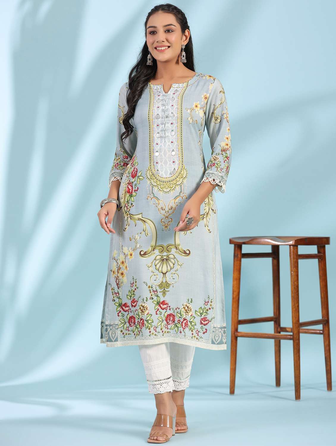grey three quarter sleeve straight kurta