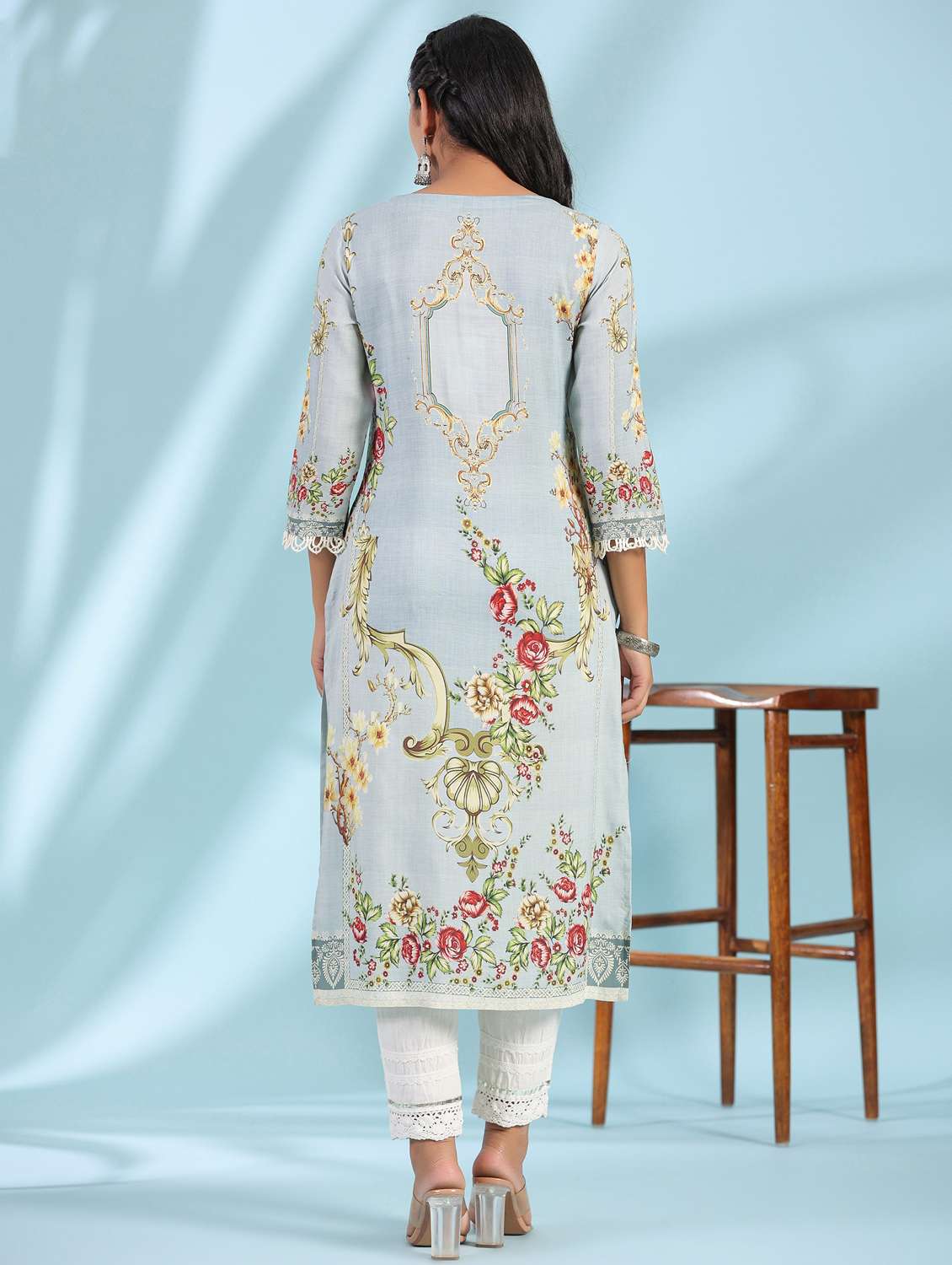 grey three quarter sleeve straight kurta - 21034951 -  Standard Image - 2