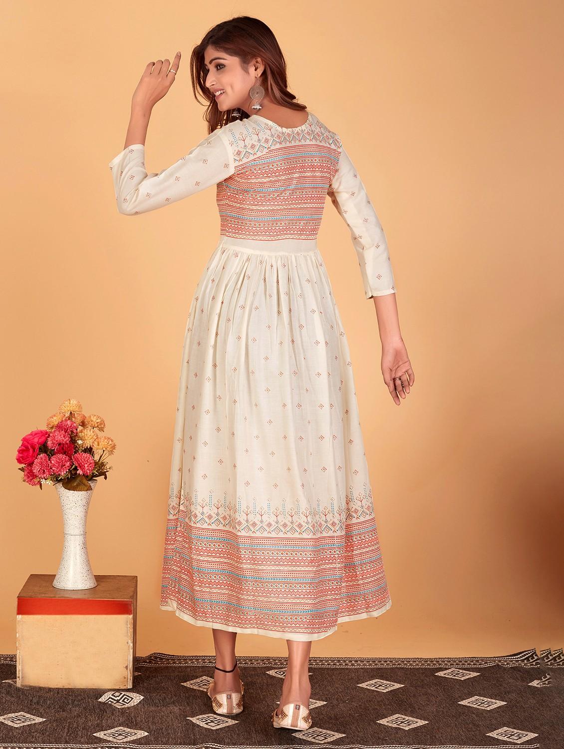 cream cotton blend flared kurta - 21034961 - Standard Image - 2
