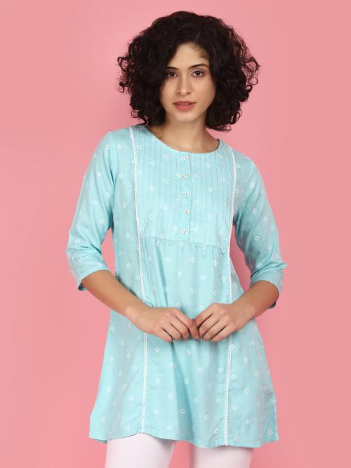 light blue cotton a-line kurti - 21035591 - Standard Image - 0