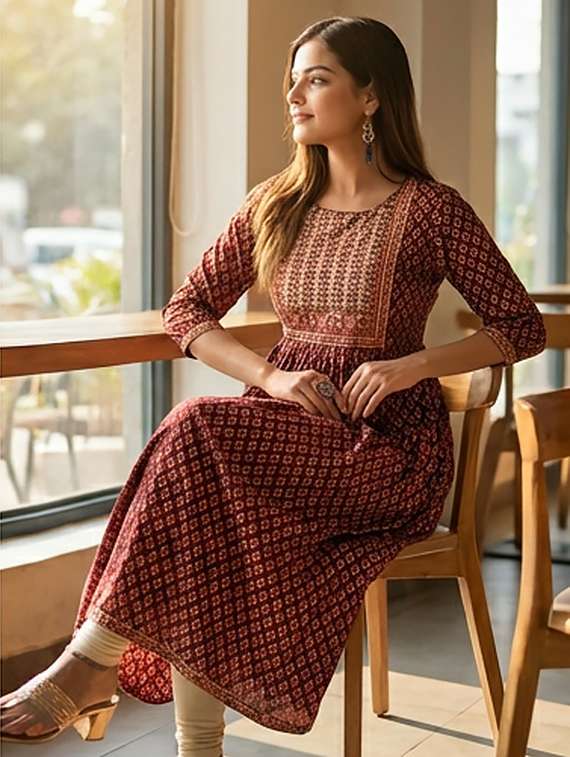 women printed three quarter sleeve kurta