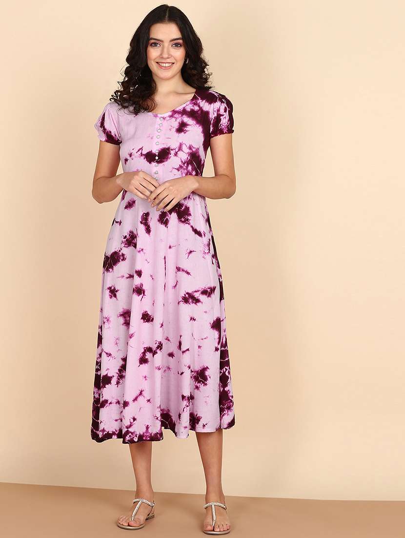 lavender tie & dye printed midi dress
