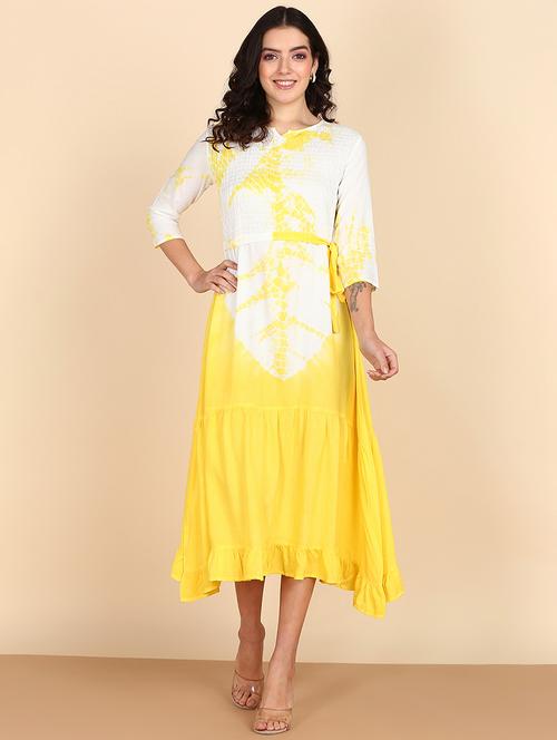 women yellow notch neck belted dress - 21036403 -  Standard Image - 0