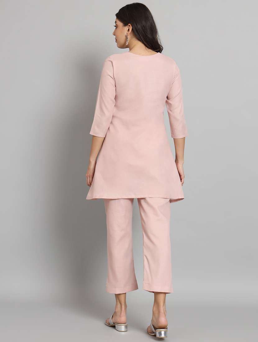 women pink v neck kurta pant set  - 21036662 -  Standard Image - 2