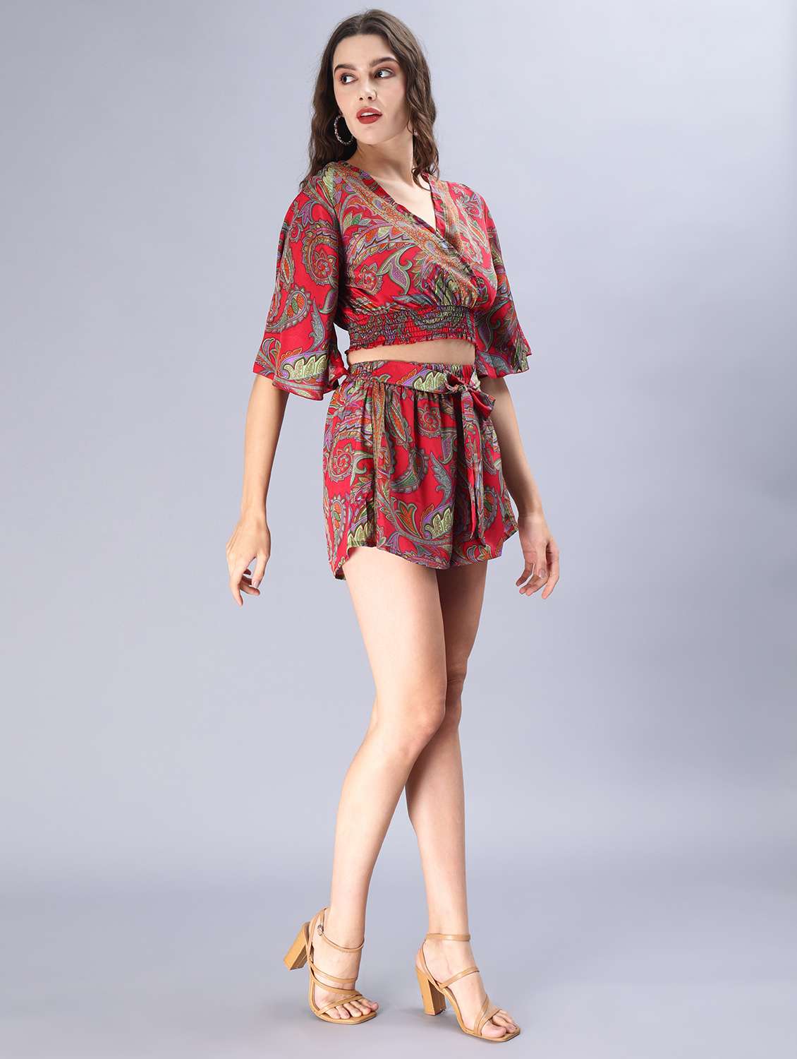 red printed top and shorts co-ord set