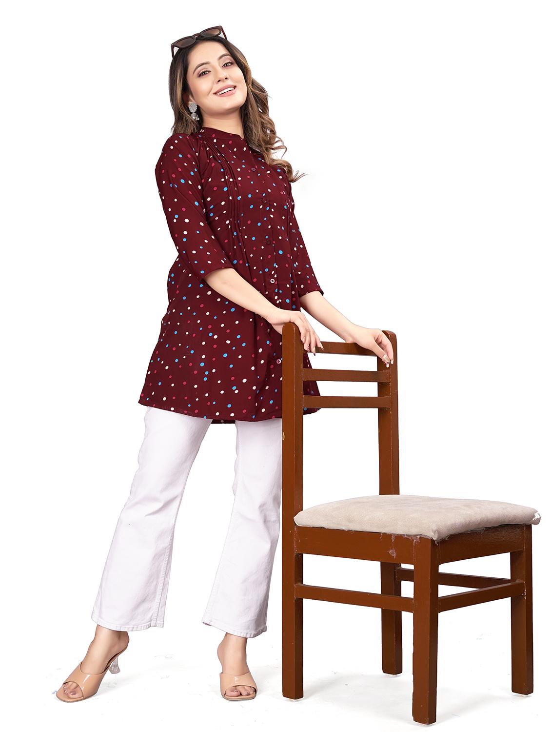 maroon printed detailed tunic top - 21037228 - Standard Image - 2