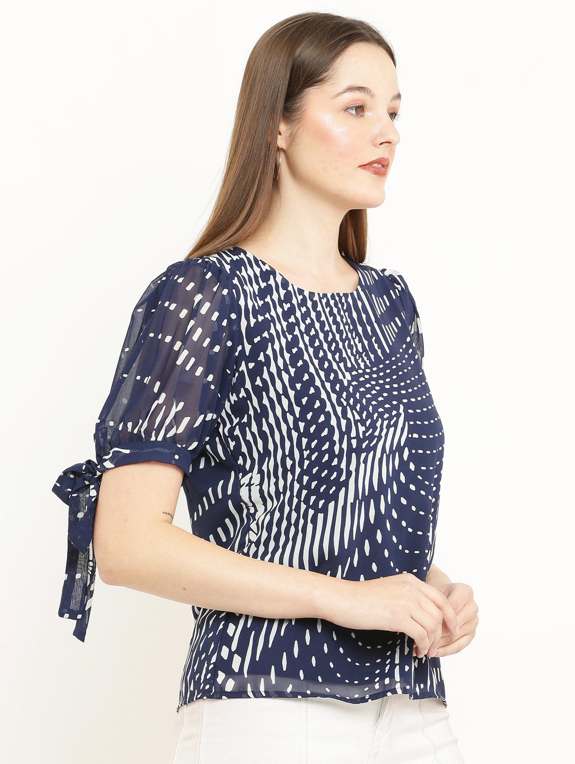 blue printed round neck top - 21037493 - Standard Image - 2