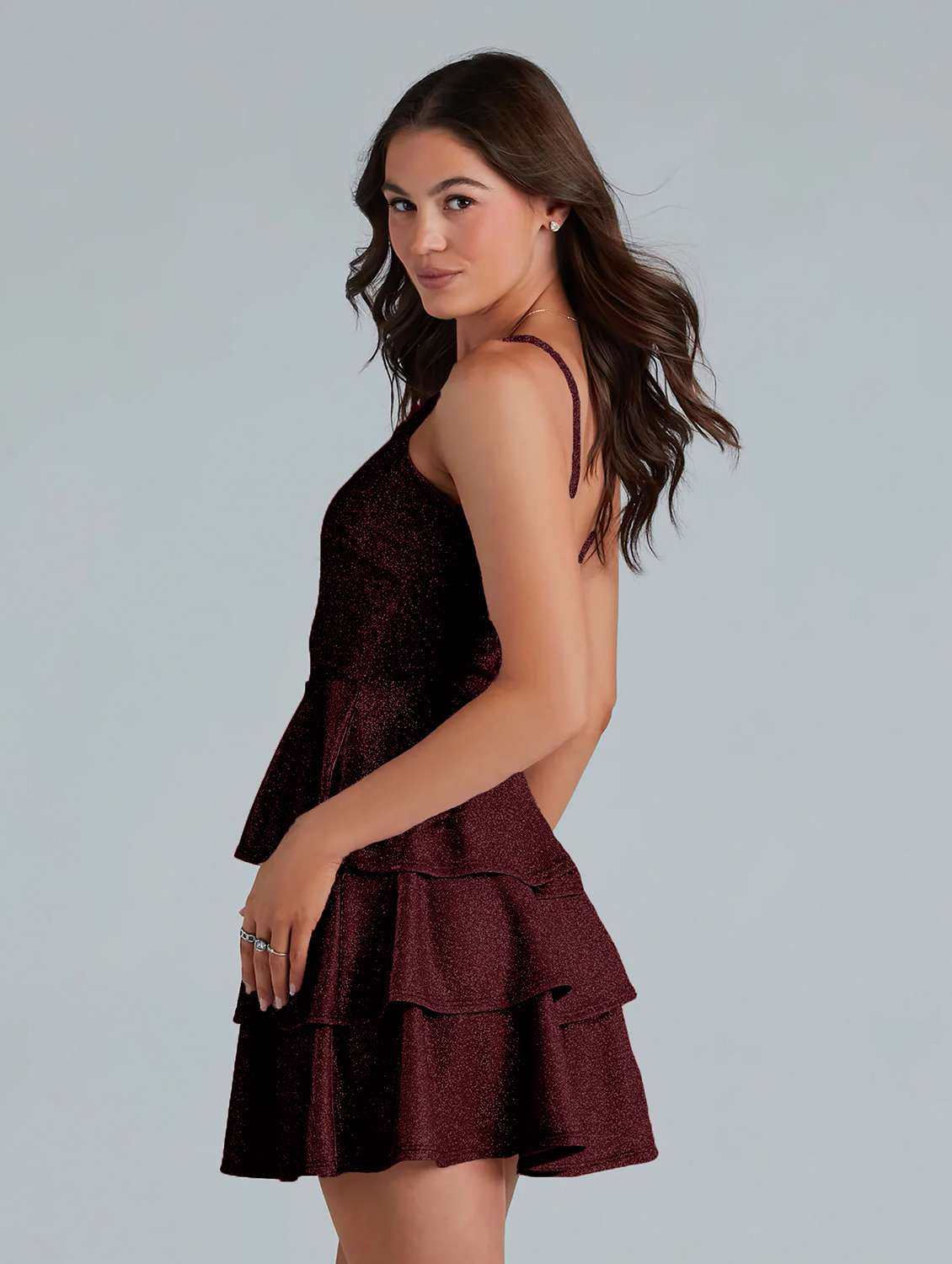 maroon self design layered dres - 21037539 -  Standard Image - 2