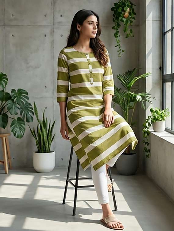 women striped three quarter sleeve kurta