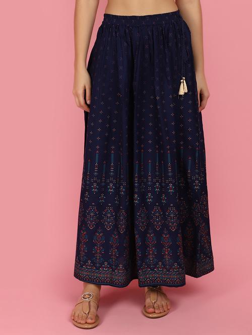 blue printed rayon flared skirt - 21049585 - Standard Image - 0