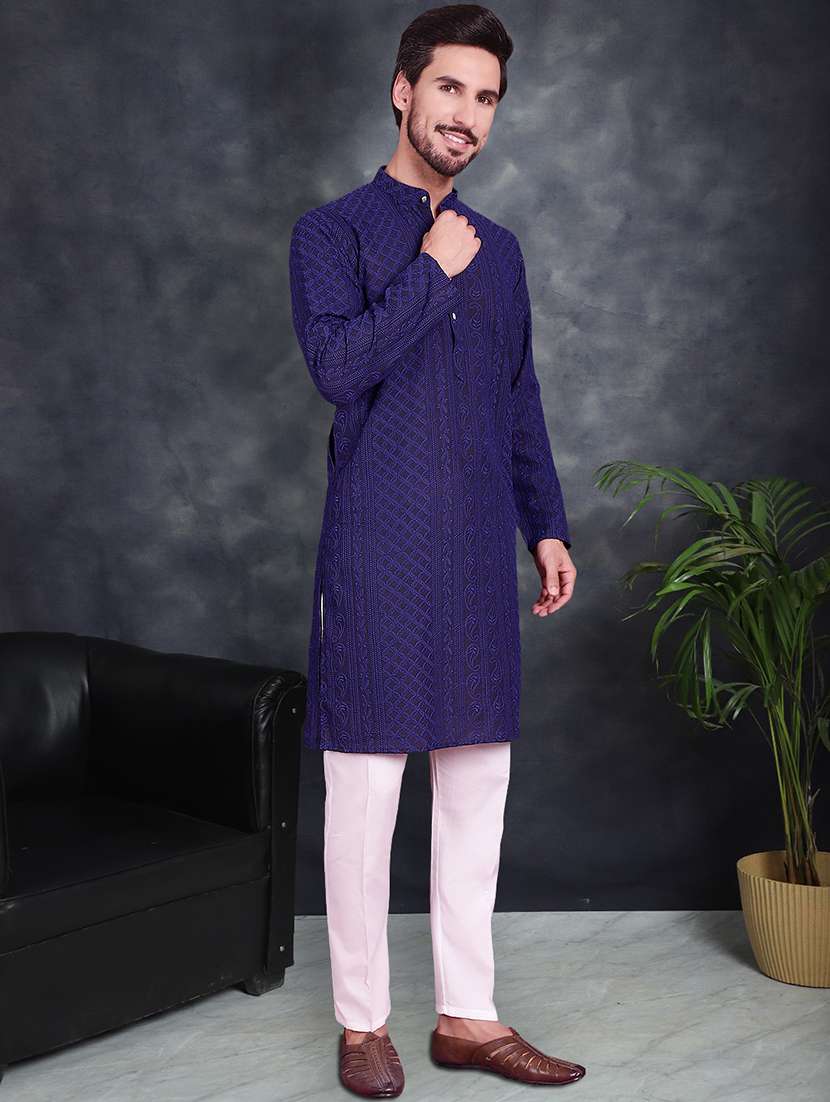 men solid with work mandarin neck long kurta - 21049925 -  Standard Image - 2