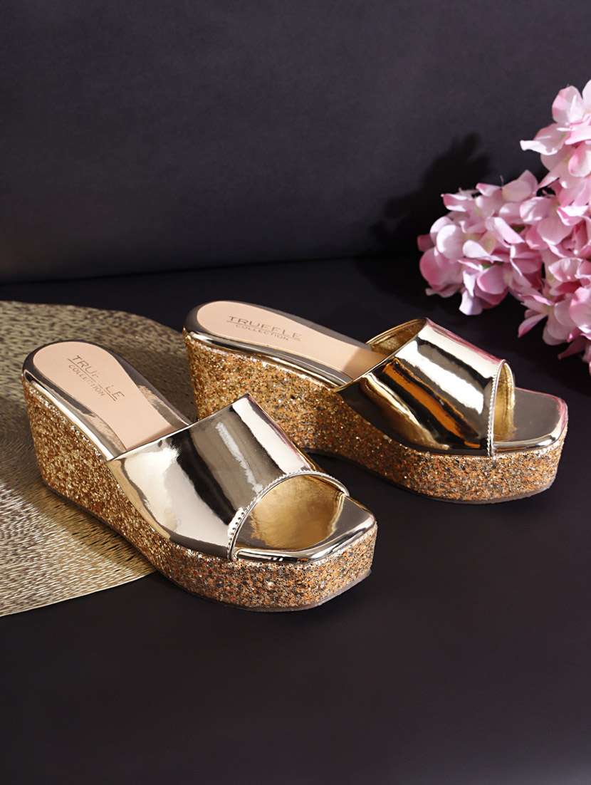 pewter patent slip-on wedges