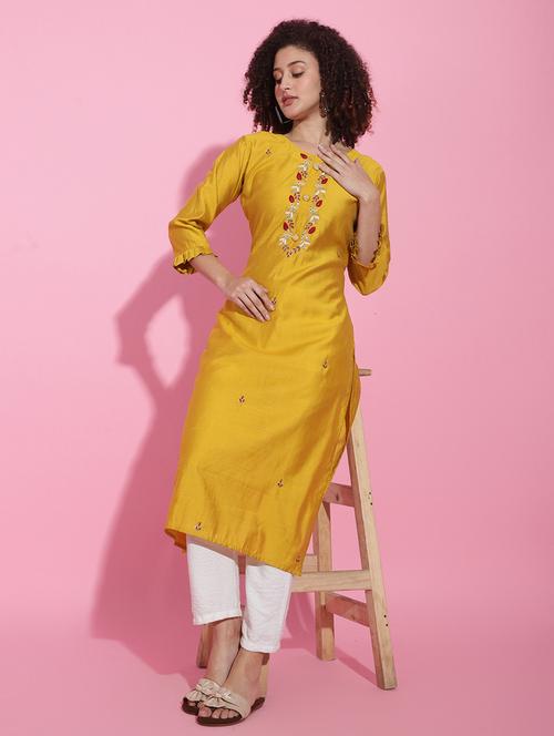mustard viscose embroidered straight kurta - 21050066 -  Standard Image - 0