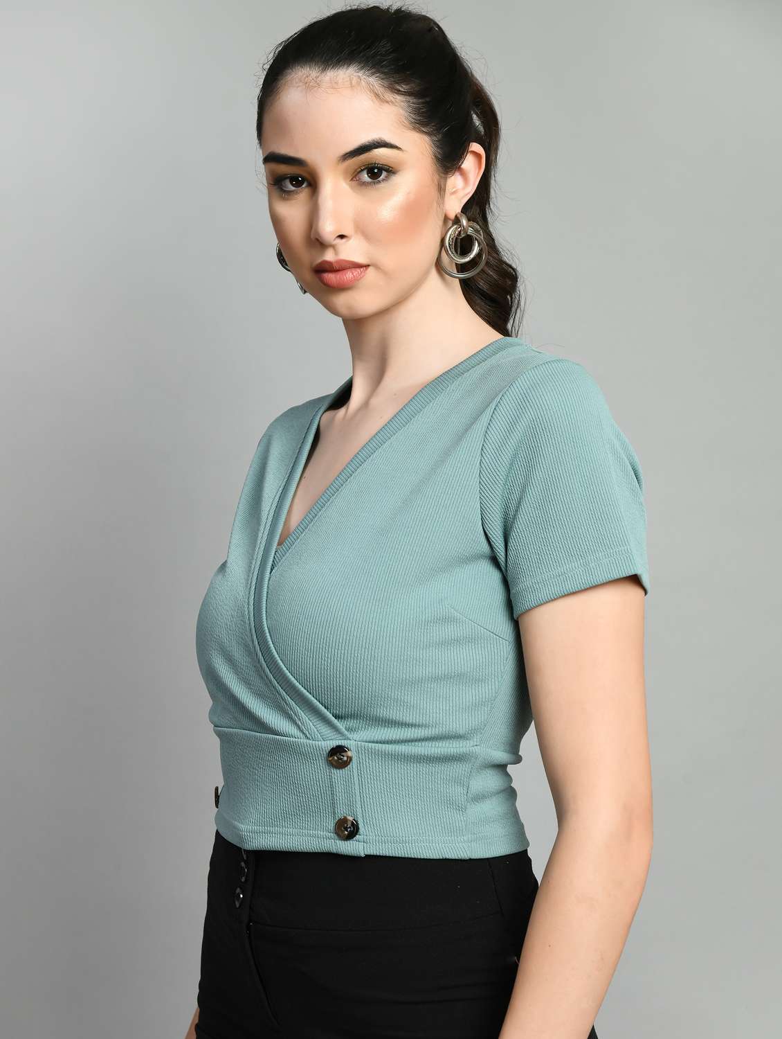 women solids v neck short sleeves top - 21052458 -  Standard Image - 2