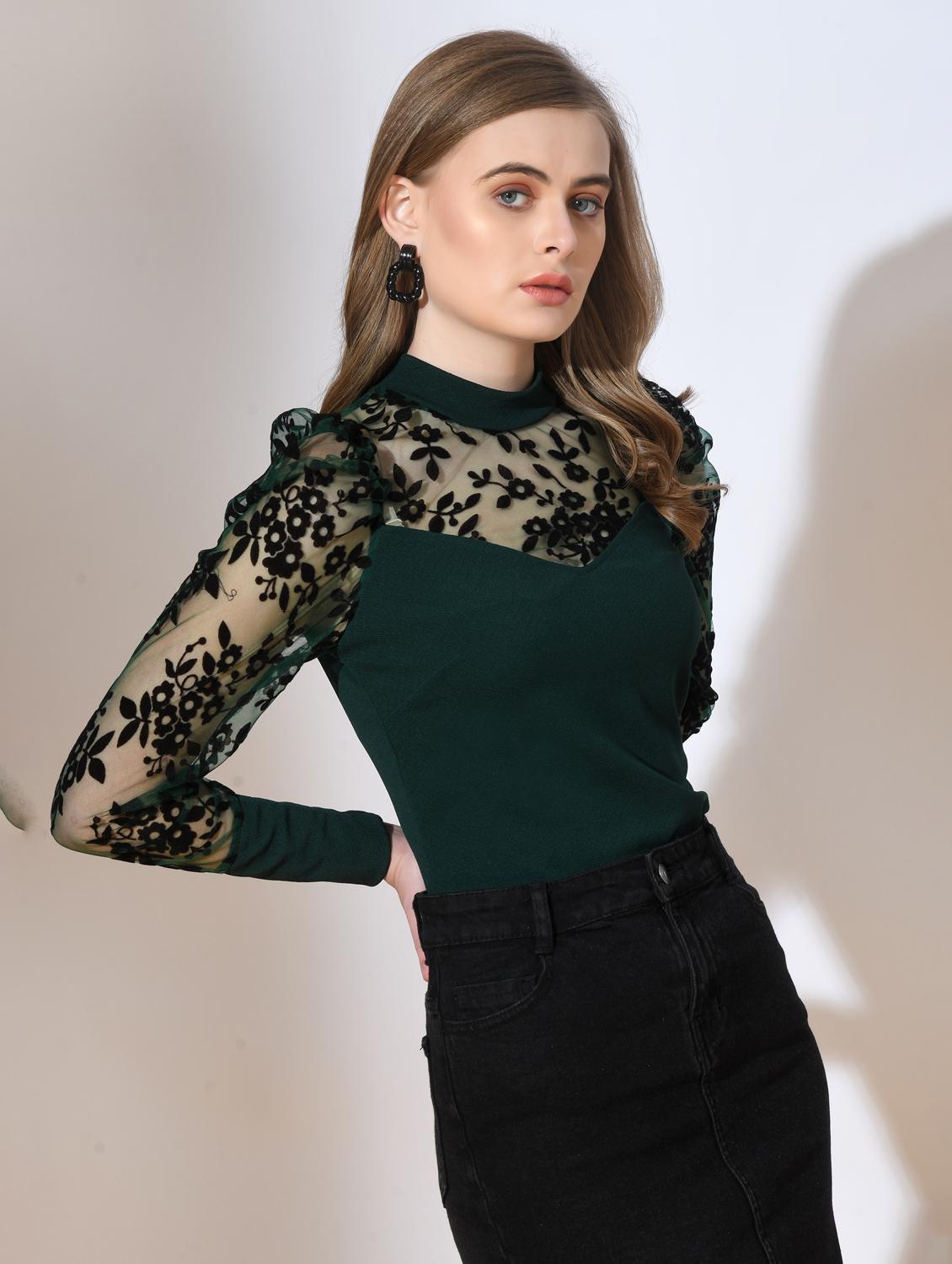 green self design detailed casual top - 21052638 - Standard Image - 2