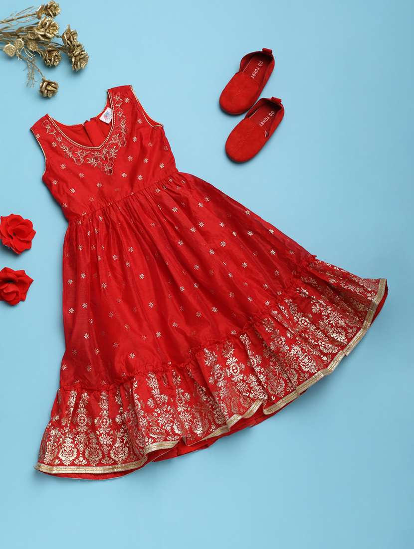 red embroidered party gown