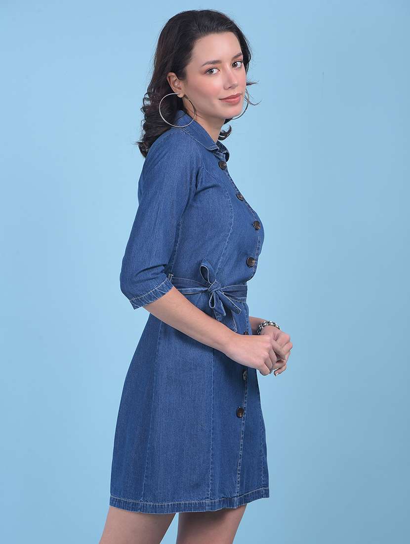 women solid blue detailed dress - 21054858 -  Standard Image - 2