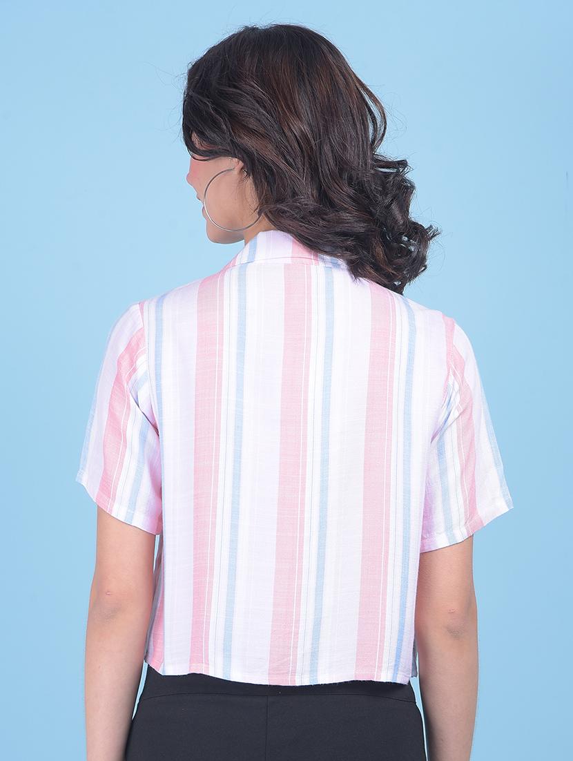 women striped viscose crop shirt - 21054918 - Standard Image - 2