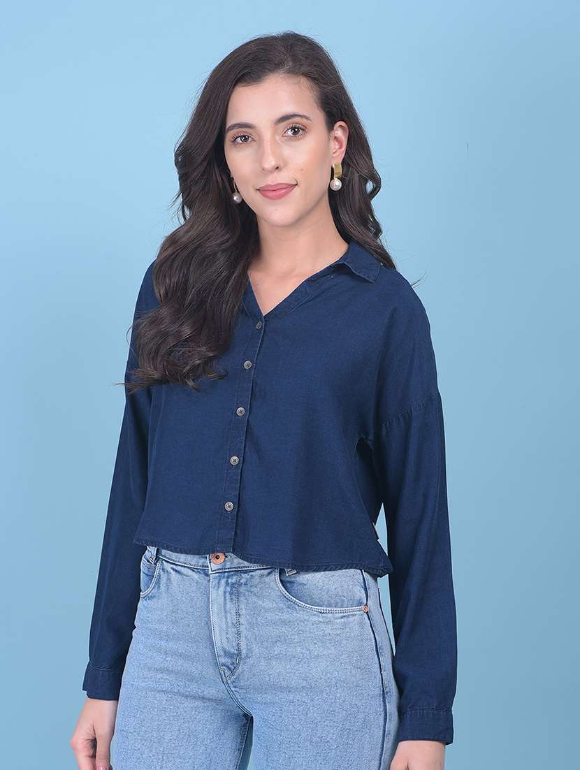 women solid navy blue casual shirt