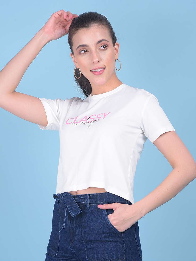 round neck typographic printed crop t-shirt