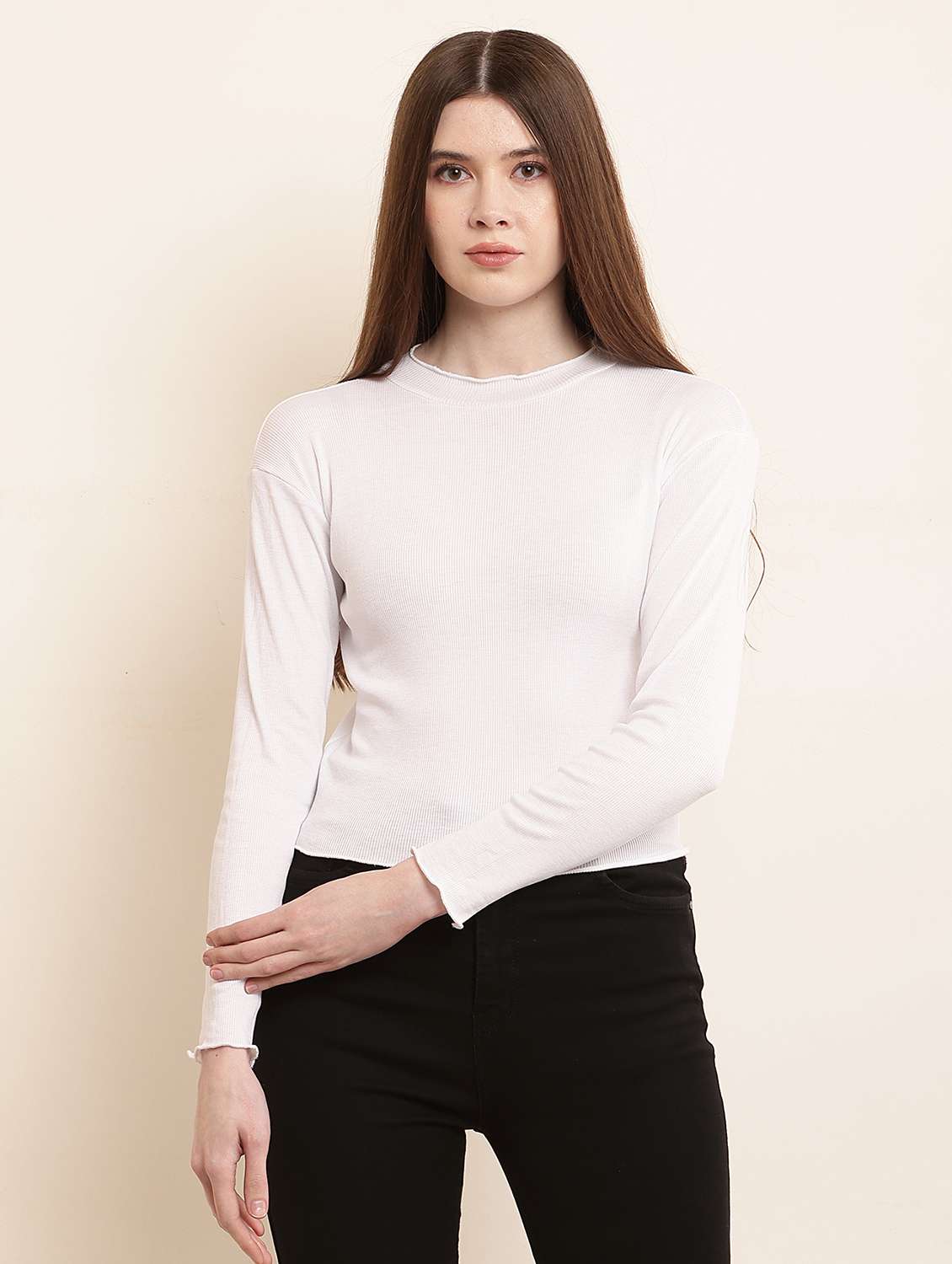 solid white cotton lycra casual top - 21055535 -  Zoom Image - 0
