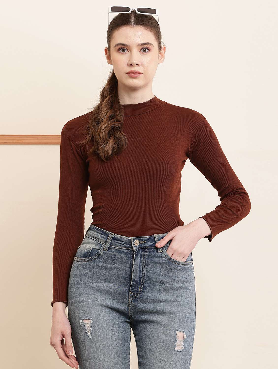 solid brown cotton lycra casual top