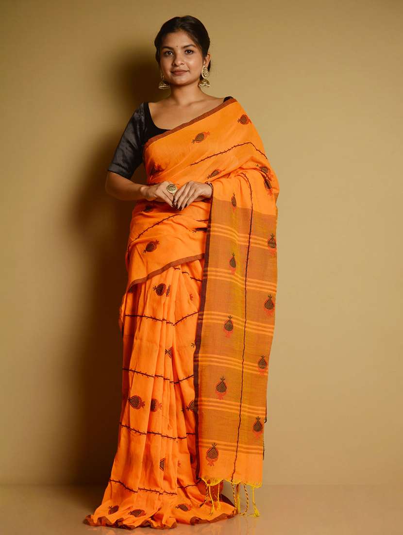 orange khadi handloom saree