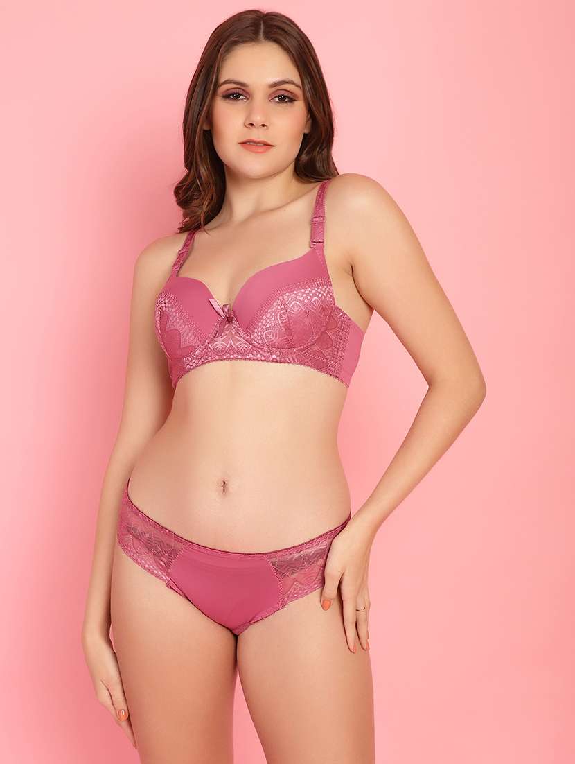 pink lace detailed bra and panty set