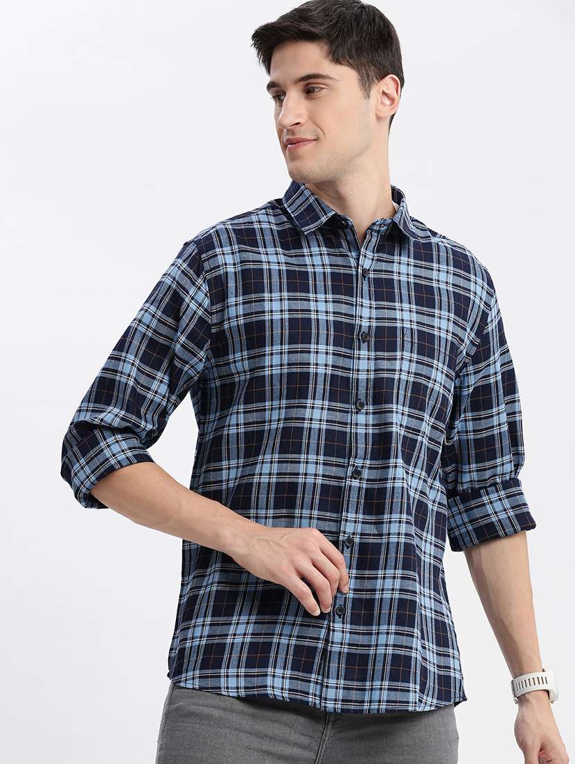 men navy blue regular fit long sleeve casual shirt