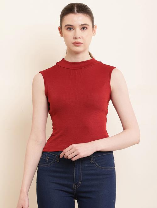 solid red cotton lycra casual top - 21056246 -  Standard Image - 0