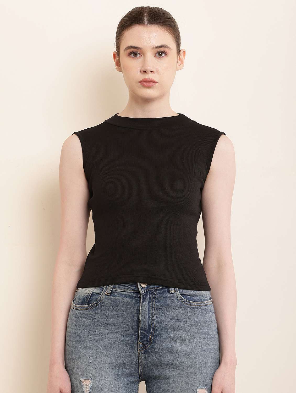 solid black cotton lycra casual top - 21056247 - Zoom Image - 0