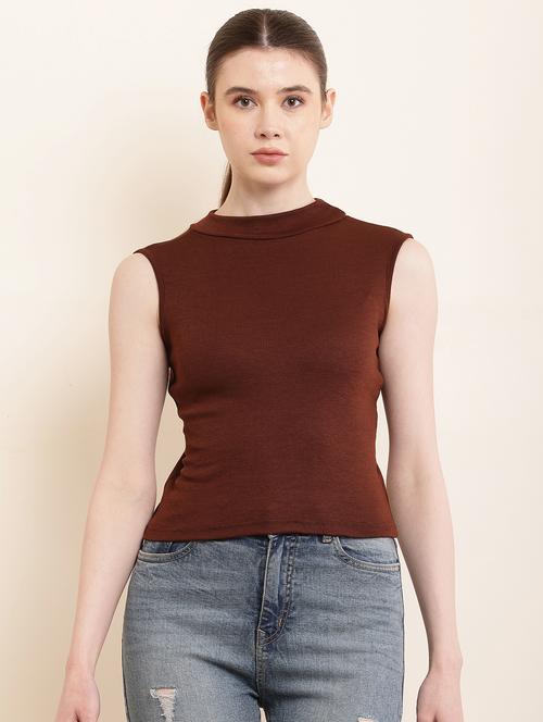 solid brown cotton lycra casual top - 21056248 -  Standard Image - 0