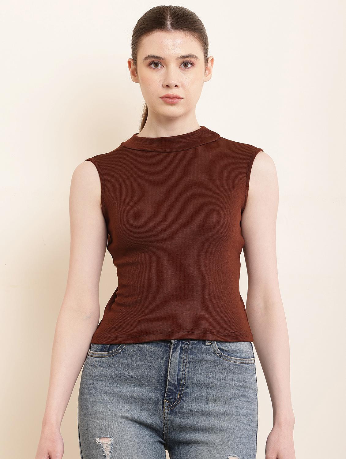 solid brown cotton lycra casual top - 21056248 -  Zoom Image - 0
