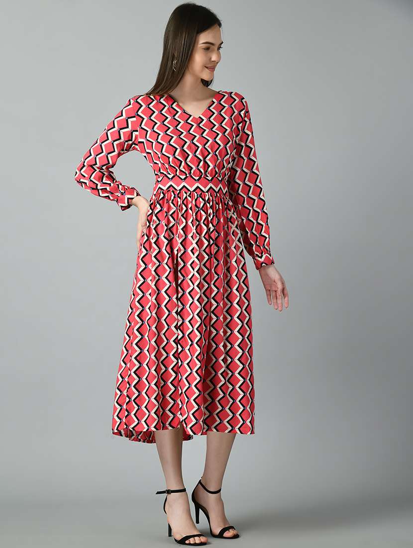 women pink printed detailed midi dress