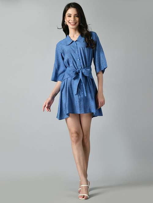 women blue self design shirt style dress - 21057806 -  Standard Image - 0