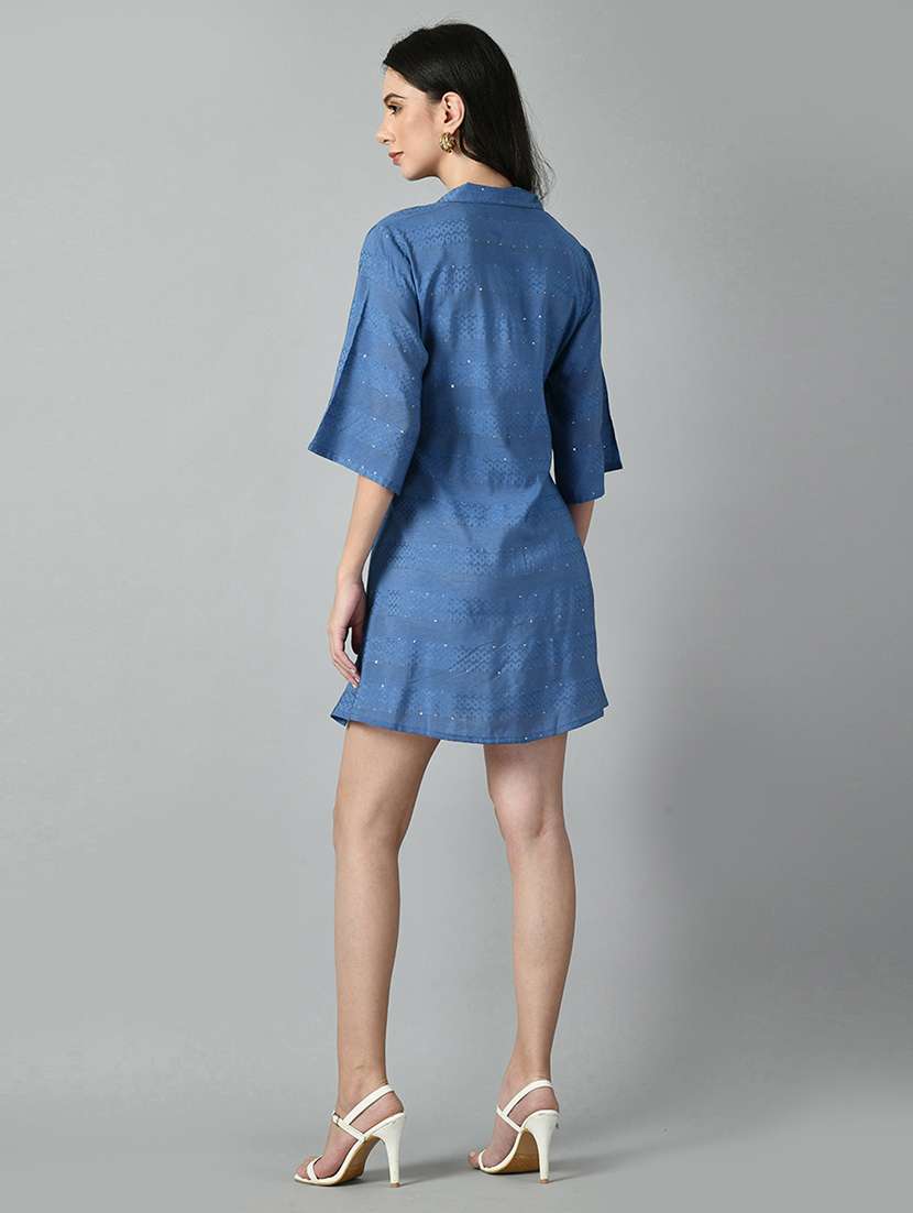 women blue self design shirt style dress - 21057806 -  Standard Image - 2