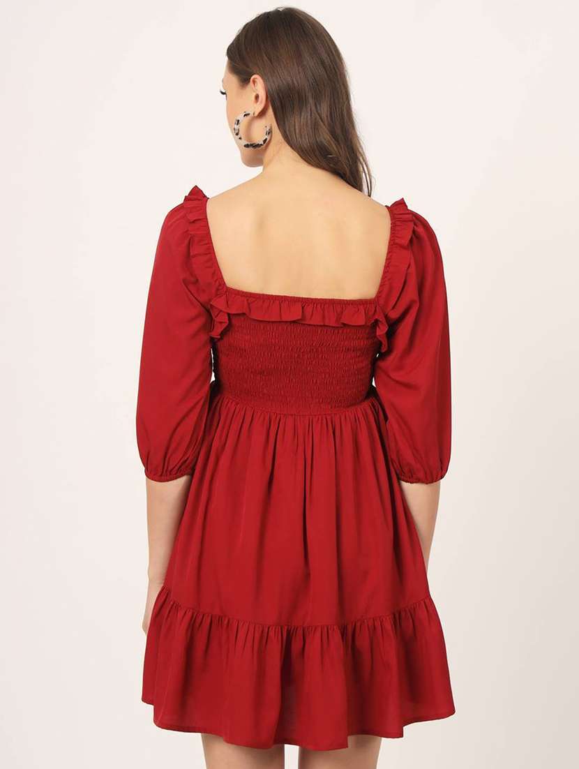 women solid red smocked dress - 21057864 - Standard Image - 2