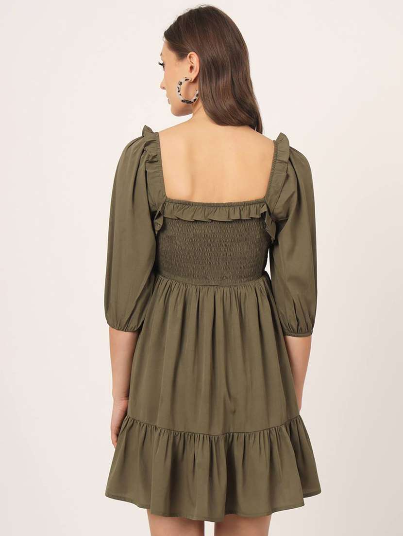 women solid olive green smocked dress - 21057866 - Standard Image - 2