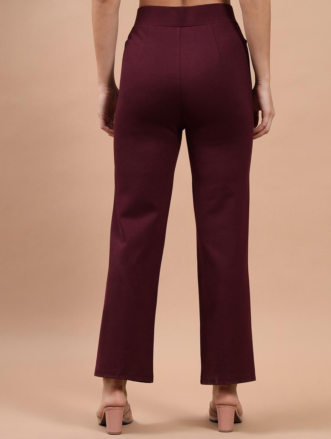 women solid maroon flat front trouser - 21058058 - Standard Image - 2