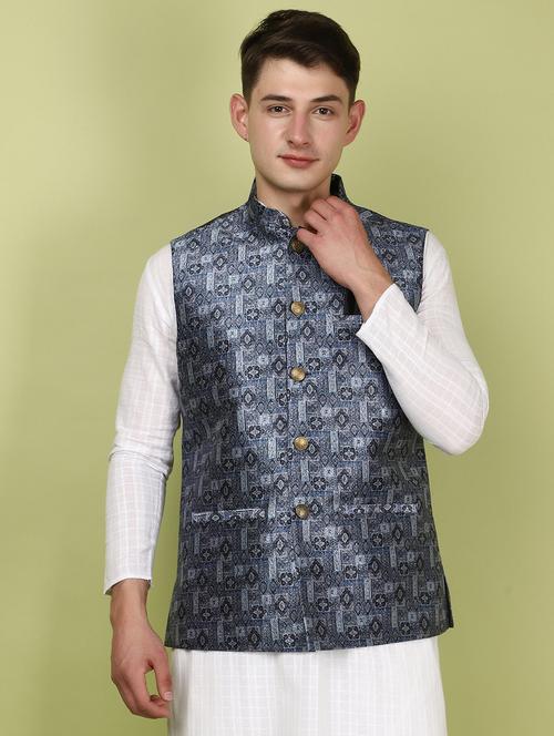 men mandarin neck printed nehru jacket - 21058221 - Standard Image - 0
