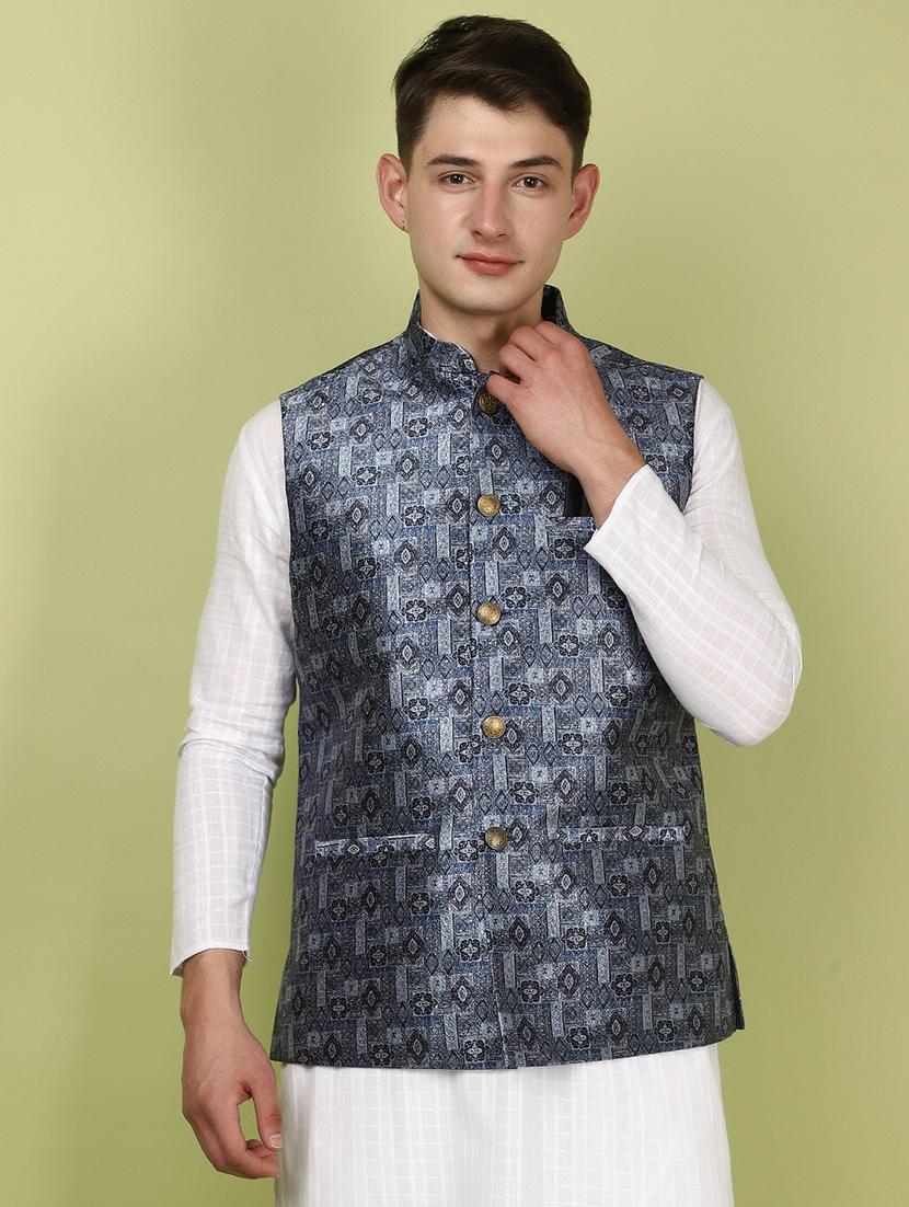 men mandarin neck printed nehru jacket - 21058221 - Zoom Image - 0