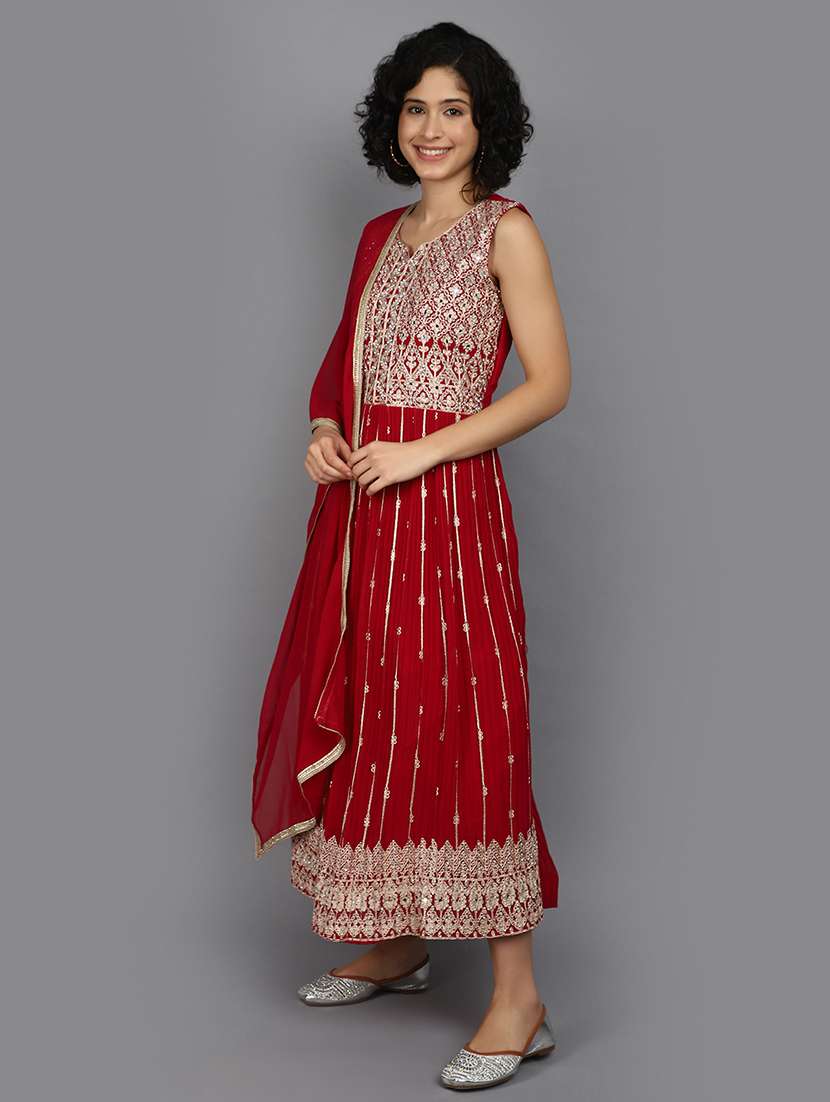 women red notch neck kurta dupatta set - 21058244 -  Standard Image - 2