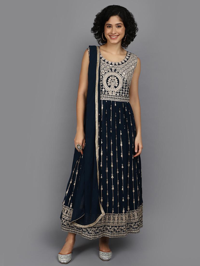 women blue embroidered a-line ethnic dress with dupatta - 21058245 - Zoom Image - 0
