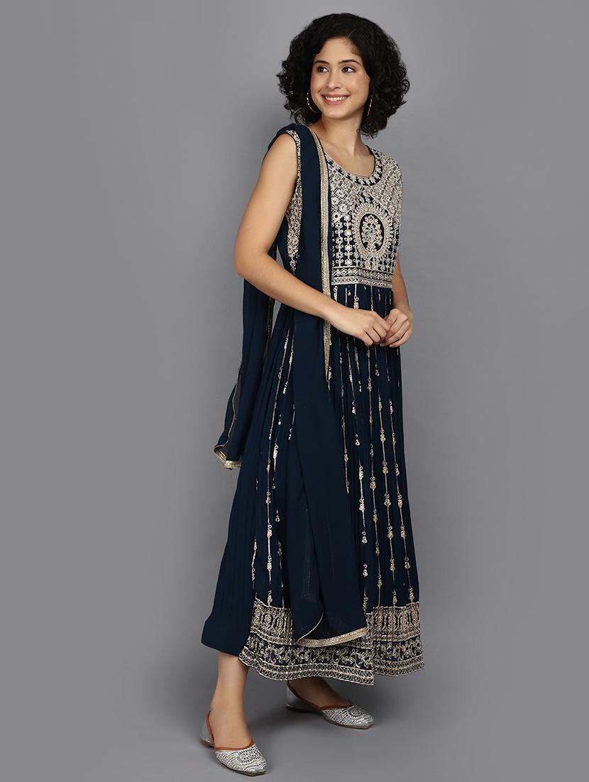 women blue embroidered a-line ethnic dress with dupatta - 21058245 - Standard Image - 2